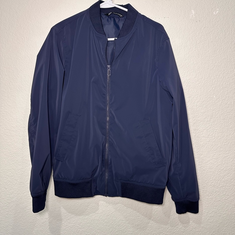 Zara Womens Navy Blue Full Zip Bomber Jacket Lightweight Ribbed Trim Size S